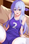  1girl arm_support bangs bare_shoulders blue_eyes blue_hair blue_shirt blue_shorts blurry blurry_background blush bow breasts collarbone couch hair_between_eyes hair_bow huyumitsu indoors large_breasts long_hair looking_at_viewer on_couch open_mouth original pillow purple_bow shirt short_shorts shorts sidelocks sitting sleeveless sleeveless_shirt smile solo sportswear spread_legs thighhighs very_long_hair volleyball_uniform white_legwear 