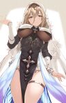  1girl bangs black_dress blurry blurry_background breasts brown_hair cowboy_shot cross dress from_below grey_eyes hair_between_eyes hand_up highres honkai_(series) honkai_impact_3rd large_breasts long_hair ohta_yuichi solo thigh_strap thighs underboob veil white_veil 