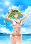  1girl absurdres animal_ears armpits arms_up bare_arms bare_shoulders bikini breasts cameltoe closed_mouth cloud collarbone day eyewear_on_head green_hair guardian_tales hand_on_eyewear highres kadiel large_breasts long_hair looking_at_viewer mayreel_(guardian_tales) multi-strapped_bikini navel outdoors purple_eyes skindentation solo stomach string_bikini sunglasses sweatband swimsuit thighs v-shaped_eyebrows wading wet white_bikini 