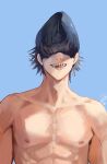  1boy aqua_background artist_name beam_(chainsaw_man) black_hair buff_(arms) chainsaw_man covered_eyes facing_viewer highres nipples null_(skev7724) open_mouth shark sharp_teeth short_hair simple_background solo standing teeth topless topless_male 