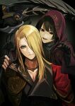  2boys bangs black_background black_coat black_eyes black_gloves black_hair blonde_hair cloak closed_mouth coat fandaniel final_fantasy final_fantasy_xiv gloves grin hair_over_one_eye highres hood hooded_cloak jewelry long_hair multiple_boys necklace open_mouth red_hood rosa_(hoshino) scythe short_hair smile third_eye zenos_yae_galvus 