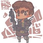  1girl apex_legends artist_name bangalore_(apex_legends) black_footwear black_gloves blush boots brown_eyes brown_hair brown_jacket chibi clenched_hand dark-skinned_female dark_skin dated g7_scout gloves highres jacket jr4rt knee_pads looking_at_viewer solo v-shaped_eyebrows 