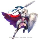  1girl alternate_costume armor asatani_tomoyo bangs bodysuit bodysuit_under_clothes breastplate cape commentary_request dress effie_(fire_emblem) fire_emblem fire_emblem_fates fire_emblem_heroes full_body gauntlets green_eyes grey_hair hair_bun holding lips looking_at_viewer official_art parted_lips pelvic_curtain red_cape sandals shield shiny shiny_hair short_dress shoulder_armor simple_background smile solo standing toeless_footwear toes white_background 