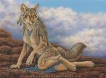  2021 4_toes 5_fingers anthro breasts canid canine canis coyote dark_natasha day detailed_background featureless_breasts feet female fingers jewelry mammal outside sky solo toes traditional_media_(artwork) tribal tribal_clothing tribal_jewelry 
