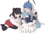  1boy 1girl animal black_hair black_legwear black_ribbon blue_hair blush bracelet braid character_request collared_shirt cu_chulainn_(fate) dog fate/grand_order fate/grand_order_arcade fate/zero fate_(series) grey_background hair_ribbon highres holding jewelry knee_up long_hair long_sleeves neck_ribbon nian_(qingdandeliuni1) no_shoes petting red_ribbon red_skirt ribbon setanta_(fate) shirt simple_background single_braid skirt smile staff thighhighs tohsaka_rin white_shirt 