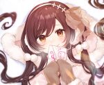  1girl bangs blush bow_hairband brown_hair coat commentary_request covering_mouth eyebrows_visible_through_hair hair_between_eyes hairband highres idolmaster idolmaster_cinderella_girls idolmaster_shiny_colors long_hair looking_at_viewer love_letter lying mittens on_ground osaki_amana smile snow solo sophie_(sophie1925) steam yellow_eyes 
