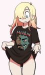  absurdres blonde_hair blue_eyes brown_shirt closed_mouth clothes_lift colo_(nagrolaz) cowboy_shot fang fang_out freckles hair_over_one_eye highres it&#039;s_morbin&#039;_time_(meme) long_hair marvel meme merchandise morbius morbius_(film) naked_shirt one_eye_covered print_shirt shirt shirt_lift short_sleeves simple_background standing white_background wide-eyed 