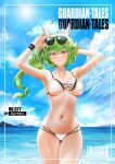  1girl absurdres animal_ears armpits arms_up bare_arms bare_shoulders bikini breasts cameltoe character_name closed_mouth cloud collarbone copyright_name day eyewear_on_head green_hair guardian_tales hand_on_eyewear highres kadiel large_breasts long_hair looking_at_viewer mayreel_(guardian_tales) multi-strapped_bikini navel outdoors purple_eyes skindentation solo stomach string_bikini sunglasses sweatband swimsuit thighs v-shaped_eyebrows wading wet white_bikini 