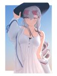  1girl absurdres azur_lane bangs black_headwear breasts closed_mouth collarbone cropped_torso dress dunkerque_(afternoon_venus)_(azur_lane) dunkerque_(azur_lane) eyebrows_visible_through_hair eyewear_on_head grey_hair hand_on_headwear hat highres long_hair looking_at_viewer medium_breasts official_alternate_costume red_eyes ring_necklace rzk_iii smile solo sun_hat sunglasses white_background white_dress 