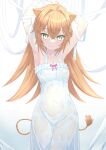  1girl absurdres ahoge animal_ears armpits arms_up bandaged_arm bandages blonde_hair covered_navel highres indie_virtual_youtuber lion_ears lion_tail long_hair paradox_(hatto_air) rurudo_lion smile solo tail wet wet_clothes yellow_eyes 