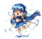  1girl anoushka_russell armor blue_hair blue_hairband blue_skirt boots chibi english_commentary eyebrows_visible_through_hair hair_behind_ear hairband holding holding_sword holding_weapon long_hair magic_knight_rayearth one_eye_closed ryuuzaki_umi skirt smile solo sword water weapon white_background white_footwear 