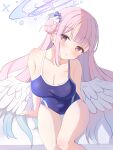  1girl absurdres angel_wings arm_support bangs bare_legs blue_archive blue_swimsuit blunt_bangs blush breasts cleavage collarbone commentary_request covered_navel dae_(dog-of-maou) eyebrows_visible_through_hair hair_bun hair_ornament halo head_tilt highres looking_at_viewer mika_(blue_archive) one-piece_swimsuit open_mouth orange_eyes parted_lips pink_hair sidelocks simple_background sitting solo swimsuit white_background wings 