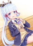 1girl :d bangs bench black_jacket blue_eyes blue_hair blue_necktie blue_skirt blunt_bangs blush brown_sweater bubble_tea collared_shirt commentary_request cup disposable_cup eyebrows_visible_through_hair genshin_impact harada_(sansei_rain) highres holding holding_cup jacket kamisato_ayaka long_hair long_sleeves looking_at_viewer necktie on_bench open_clothes open_jacket pleated_skirt ponytail shirt sitting skirt sleeves_past_wrists smile solo sweater very_long_hair white_shirt 