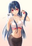  1girl absurdres angel_beats! bangs bare_arms bare_shoulders blue_hair breasts cleavage closed_mouth collarbone commentary_request hand_up highres holding holding_phone leggings long_hair looking_at_viewer medium_breasts navel phone red_eyes selfie shiina_(angel_beats!) solo sports_bra sportswear very_long_hair zuzuhashi 