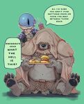  absurd_res anthro belly burger canid canine canis duo elden_ring english_text eruprior food fromsoftware fur grey_body grey_fur gurranq_(elden_ring) hi_res hood humor male mammal overweight pawpads paws tarnished_(elden_ring) text video_games wolf 