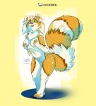  ailurid anthro breasts colored derideal digital_drawing_(artwork) digital_media_(artwork) english_text female fluffy fluffy_tail fur green_eyes hi_res icon kiaun long_tail mammal monochrome nude orange_and_white orange_body orange_fur red_panda round_ears shaded signature simple_background smile solo symbol text tongue tongue_out tuft url white_body white_fur 