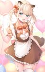  1girl absurdres animal_ear_fluff apron balloon blush dress eyebrows_visible_through_hair frilled_dress frills hair_between_eyes highres hololive kazama_iroha miyagi_ratona neck open_mouth short_hair smile tail thigh_strap thighhighs virtual_youtuber zettai_ryouiki 