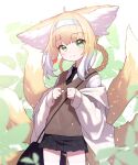  1girl absurdres ahoge alternate_costume animal_ears arknights beudelb black_necktie black_skirt blonde_hair blue_hairband blush braid brown_vest collared_shirt colored_tips commentary cowboy_shot fox_ears fox_girl fox_tail green_eyes grey_jacket hairband heart highres jacket kitsune large_ears long_hair looking_at_viewer multicolored_hair multiple_tails necktie off_shoulder open_clothes open_jacket plant pleated_skirt school_uniform shirt skirt smile solo suzuran_(arknights) tail thighhighs vest white_background white_hair white_legwear white_shirt 