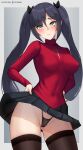  1girl absurdres artist_name ass_visible_through_thighs asymmetrical_bangs bangs black_hair black_legwear black_skirt blush border breasts closed_mouth cosplay cowboy_shot cross eyebrows_visible_through_hair fate/grand_order fate_(series) furrowed_brow genshin_impact grey_border hair_ribbon hands_on_hips highres hioyami latin_cross long_hair long_sleeves looking_at_viewer medium_breasts miniskirt mona_(genshin_impact) panties pantyshot patreon_username pleated_skirt red_shirt ribbon shirt sidelocks skirt solo sweatdrop thighhighs thighs tohsaka_rin tohsaka_rin_(cosplay) turtleneck twintails underwear upskirt 