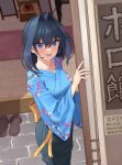  1girl :d absurdres apron bangom_r bangs blue_eyes blue_hair blue_kimono blurry blurry_background blush breasts doorway eyebrows_visible_through_hair floral_print hair_between_eyes hair_intakes highres hololive hololive_english japanese_clothes kimono looking_at_viewer obi open_mouth open_sign ouro_kronii ryokan sash short_hair sliding_doors slippers smile solo stone_floor virtual_youtuber 