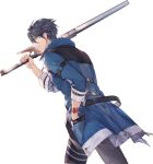  1boy achan_(blue_semi) blue_coat blue_eyes blue_hair coat eiyuu_densetsu hand_in_pocket holding holding_weapon kuro_no_kiseki pants sleeves_rolled_up spiked_hair sword trigger weapon white_background zipper 