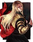  1boy absurdres black_coat blonde_hair blue_eyes choma0215 coat final_fantasy final_fantasy_xiv fingerless_gloves gloves grin highres long_hair red_sash sash shaded_face smile smirk third_eye zenos_yae_galvus 