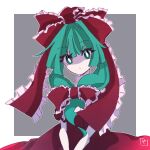  1girl bow facing_viewer green_eyes green_hair hair_bow hair_ornament kagiyama_hina otoya_sindoi ribbon simple_background standing touhou 