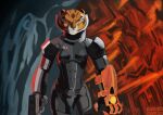  2021 abstract_background anthro armor breasts clothed clothing crossover dreamworks felid female gun kung_fu_panda mammal mass_effect master_tigress n7 omnitool pantherine ranged_weapon red_eyes sabrotiger small_breasts solo tiger video_games weapon whiskers yellow_sclera 