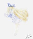  1girl absurdres blonde_hair blue_eyes bow bowing breasts commentary_request disgaea dress flonne highres looking_at_viewer non-web_source open_mouth painting_(medium) ribbon small_breasts solo traditional_media watercolor_(medium) white_background white_dress 
