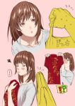  !? 1boy androgynous bad_link bag bangs blush brown_eyes brown_hair china_dress chinese_clothes dress embarrassed grimace holding kimidake original otoko_no_ko pink_background plastic_bag pov pov_hands simple_background solo_focus sweat 