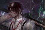  1boy blood blood_on_clothes blood_on_hands brown_hair dark-skinned_male dark_skin formal highres holding holding_weapon limbus_company m_i_r_r_o_r necktie project_moon rain red_necktie scar scar_on_face scar_on_hand shirt short_hair weapon white_shirt 