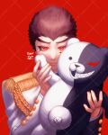  1boy artist_name bangs closed_mouth danganronpa:_trigger_happy_havoc danganronpa_(series) gakuran grin highres holding holding_stuffed_toy ishimaru_kiyotaka jacket long_sleeves looking_at_viewer monokuma nearzan red_background red_eyes school_uniform sharp_teeth smile stuffed_toy teeth white_jacket 