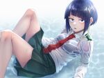  1girl belly black_bra boku_no_hero_academia bra eyebrows_visible_through_hair jirou_kyouka knees kobaji legs looking_at_viewer lying midriff necktie purple_eyes purple_hair reflection reflective_water school_uniform see-through see-through_shirt shirt short_hair skirt solo sunlight thighs underwear water wet wet_bra wet_clothes wet_hair wet_shirt wet_skirt 