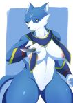  absurd_res anthro areola big_breasts blue_body breasts canid canine canis canyne capcom female fur genitals hi_res mammal monster_hunter palamute plache6 pussy smile solo video_games weapon 