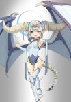  1girl armpits arms_up ass_visible_through_thighs blue_eyes blue_legwear blue_leotard blue_sleeves braid breasts circlet detached_sleeves dragon_girl dragon_horns dragon_tail dragon_wings full_body grey_background highres horns leotard open_mouth original pointy_ears short_hair simple_background small_breasts smile solo tail thigh_gap thighhighs thighs toeless_legwear twin_braids white_hair wings xiao_xiao_tian 