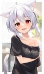  1girl :d absurdres animal_ear_fluff animal_ears arm_under_breasts bangs black_shirt blurry blurry_background blush breasts cat_ears cat_girl cat_tail collarbone eyebrows_visible_through_hair fang hair_between_eyes highres long_hair looking_at_viewer miy@ off_shoulder open_mouth original red_eyes shirt short_sleeves signature smile solo tail tail_raised tongue 