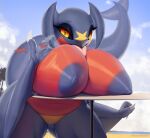  2022 anthro areola big_breasts bodily_fluids breasts cloud digital_media_(artwork) eyebrows female garchomp genital_fluids genitals huge_breasts looking_at_viewer nintendo outside pok&eacute;mon pok&eacute;mon_(species) pussy pussy_juice solo text thousandfoldfeathers tongue tongue_out url video_games 