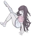  1girl apron arm_support bandaged_leg bandages bandaid bandaid_on_knee bandaid_on_leg bangs danganronpa_(series) danganronpa_2:_goodbye_despair grey_background highres leg_up long_hair looking_back miniskirt mole mole_under_eye parted_lips pleated_skirt puffy_short_sleeves puffy_sleeves shirt shoes short_sleeves simple_background skirt socks solo teeth tsumiki_mikan vi6ii2 