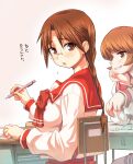  2girls bow braid brown_eyes brown_hair commentary_request desk glasses hagiya_masakage highres hoshina_tomoko long_hair looking_at_viewer multiple_girls nagaoka_shiho pen red_bow red_sailor_collar sailor_collar school_desk school_uniform serafuku short_hair single_braid solo_focus to_heart translation_request upper_body 
