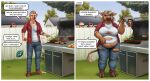  2022 absurd_res american_football_ball anthro barbecue barbecue_fork blonde_hair bottomwear bovid bovine breast_growth breasts brown_body building cattle clothing cutlery day detailed_background digital_media_(artwork) female fence footwear fork gender_transformation grass group growth hair hi_res hooves house human human_to_anthro jacket kitchen_utensils male mammal miltonholmes mtf_transformation navel nipple_outline open_mouth outside overweight overweight_anthro pants plant red_clothing red_jacket red_topwear shirt shoes smile solo_focus species_transformation standing surprise tail_growth tools topwear torn_clothing transformation tree weight_gain white_clothing white_fence white_shirt white_topwear 