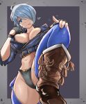  1girl angel_(kof) boots breasts chaps cowboy_boots fingerless_gloves gloves highres large_breasts midriff navel one_eye_covered rubipachiku short_hair stepping the_king_of_fighters the_king_of_fighters_xv tongue tongue_out white_hair 
