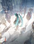  1girl aqua_hair black_legwear black_skirt black_sleeves day detached_sleeves facing_away glitch hatsune_miku highres houtei9 long_hair number_tattoo outdoors people shade shadow silhouette skirt solo_focus standing sunlight tattoo thighhighs twintails very_long_hair 