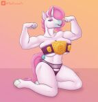  absurd_res anthro athletic athletic_anthro athletic_female big_breasts breasts clothed clothing digital_media_(artwork) equid equine female fingers flexing flexing_bicep flexing_both_biceps flexing_muscles fur hair hi_res horn huniepi looking_at_viewer mammal muscular muscular_anthro pink_hair simple_background skimpy smile solo unibro_pi unicorn unicorn_horn white_body white_fur wrestler wrestling_belt 
