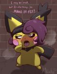  against_surface against_wall blush dialogue english_text hair hi_res looking_at_viewer milachu92 nintendo open_mouth penis_shadow pichu pok&eacute;mon pok&eacute;mon_(species) purple_hair size_difference text tongue tongue_out video_games yellow_body young 