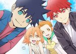  1girl 3boys blue_eyes blue_hair bracelet closed_mouth cloud highres ishino_mikoto jewelry looking_at_viewer multiple_boys nori_(norimakigumo) open_mouth orange_eyes orange_hair red_eyes red_hair short_hair smile tomica_hyper_rescue_drive_head:_kidou_kyuukyuu_keisatsu 