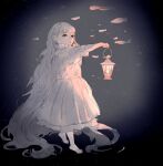  1girl barefoot dress expressionless fish full_body gradient gradient_background holding holding_lantern lantern light limited_palette long_hair magenaiman3 original parted_lips sketch solo surreal very_long_hair 