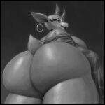  2022 absurd_res animal_crossing anthro big_breasts big_butt bottomless bottomless_female breasts butt butt_focus cervid cervine clothed clothing digital_media_(artwork) ear_piercing ear_ring eyelashes female fluffy fluffy_tail greyscale hi_res horn huge_butt looking_at_viewer looking_back looking_down_at_viewer mammal monochrome nintendo patacon piercing rear_view shino_(animal_crossing) side_boob smile solo thick_thighs undressing video_games 