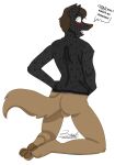  2022 absurd_res alien anthro aviarian_wolf balls black_body black_scales brandon_(zer0rebel4) brown_body brown_fur brown_hair butt canid canine custom_species dialogue digital_drawing_(artwork) digital_media_(artwork) english_text fur genitals hair hands_on_hips hi_res kneeling looking_at_viewer male maleherm_(lore) mammal marsupial mature_male open_mouth pawpads paws rear_view scales scales_with_fur solo talking_to_viewer text yellow_eyes zer0rebel4 