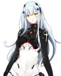  1girl bangs bodysuit breasts eyebrows_visible_through_hair girls&#039;_frontline green_eyes hair_ornament hairclip highres hk416_(girls&#039;_frontline) hk416_(midnight_evangelion)_(girls&#039;_frontline) light_blue_hair light_blush long_hair looking_at_viewer medium_breasts multicolored_bodysuit multicolored_clothes official_alternate_costume open_mouth solo teardrop_facial_mark teardrop_tattoo upper_body white_background yukiko_(leovioykk) 