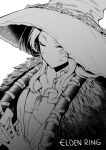  1girl absurdres amano_don bangs breasts cloak copyright_name cracked_skin doll_joints dress elden_ring extra_arms extra_faces fur_cloak greyscale hat highres joints large_hat long_hair looking_at_viewer monochrome one_eye_closed ranni_the_witch solo witch witch_hat 